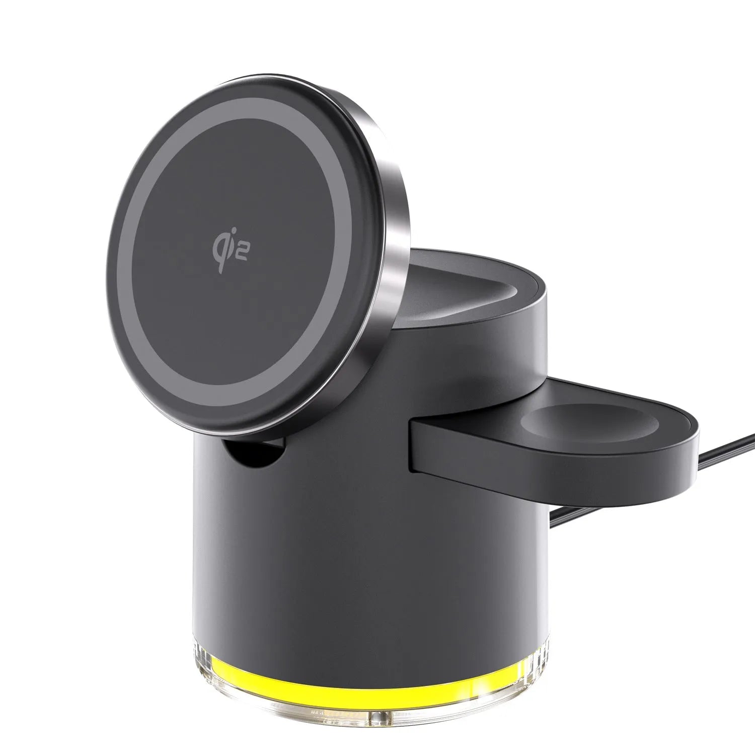 C16 portable folding three-in-one magnetic wireless charger in Black and Ivory White colours, showing phone, watch and earphone charging.