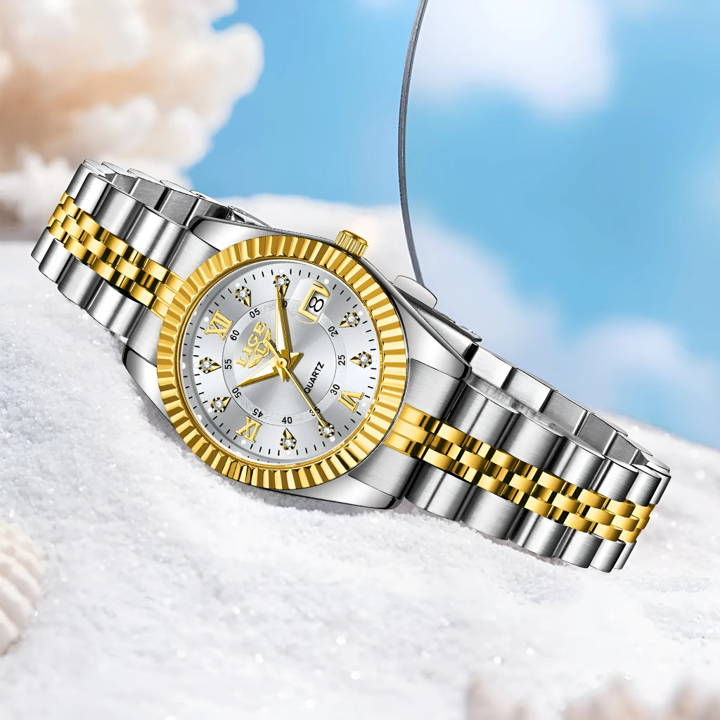 Waterproof quartz watch for women in gold and silver colour options with a 10mm thick case