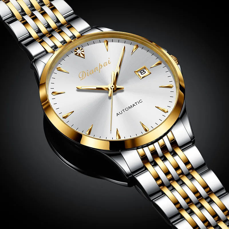 Men's stainless steel automatic watch with a simple dial and mineral glass crystal.