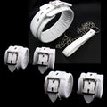 White PU sponge bondage restraint set showing handcuffs, foot cuffs, and a neck scarf on a dark surface.