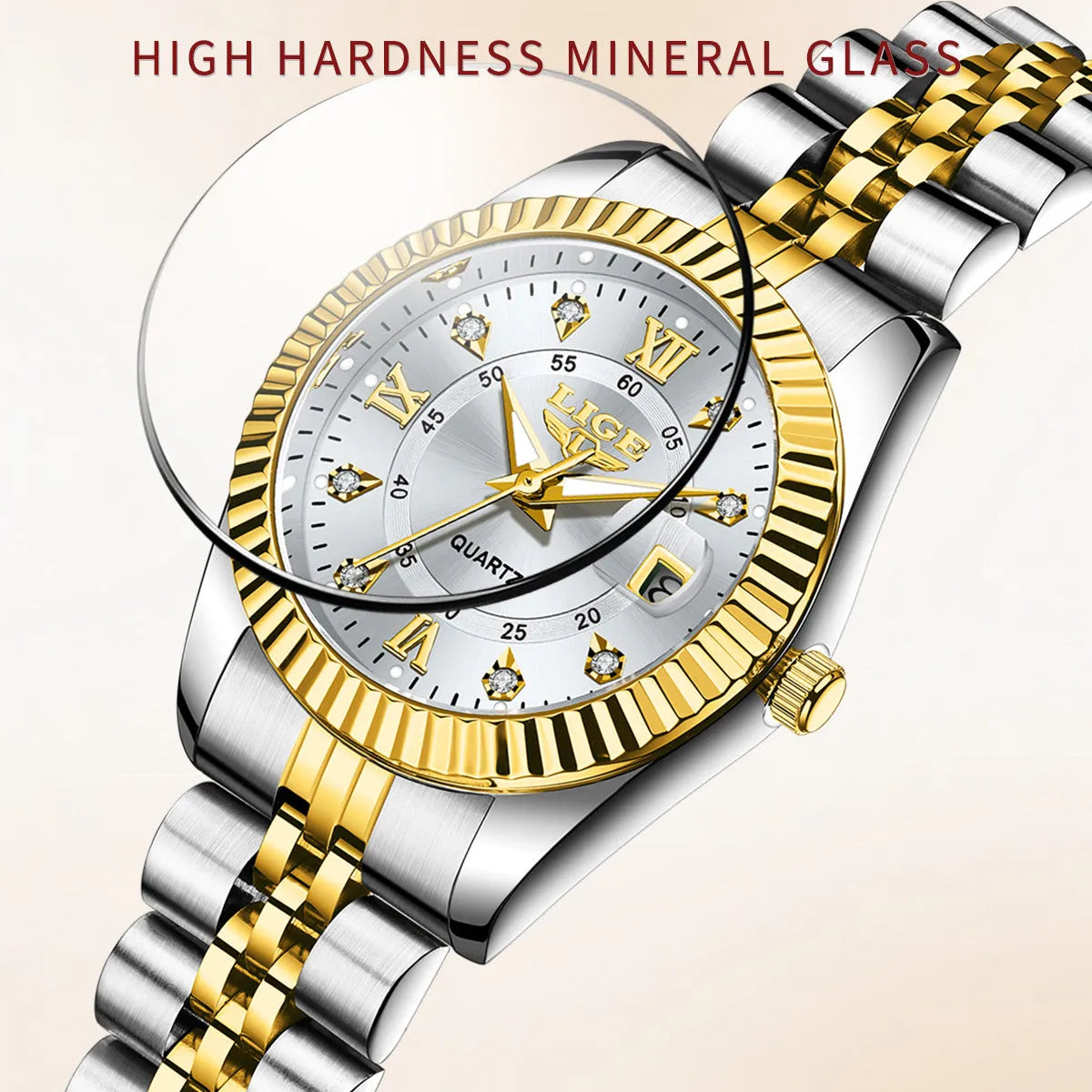Waterproof quartz watch for women in gold and silver colour options with a 10mm thick case