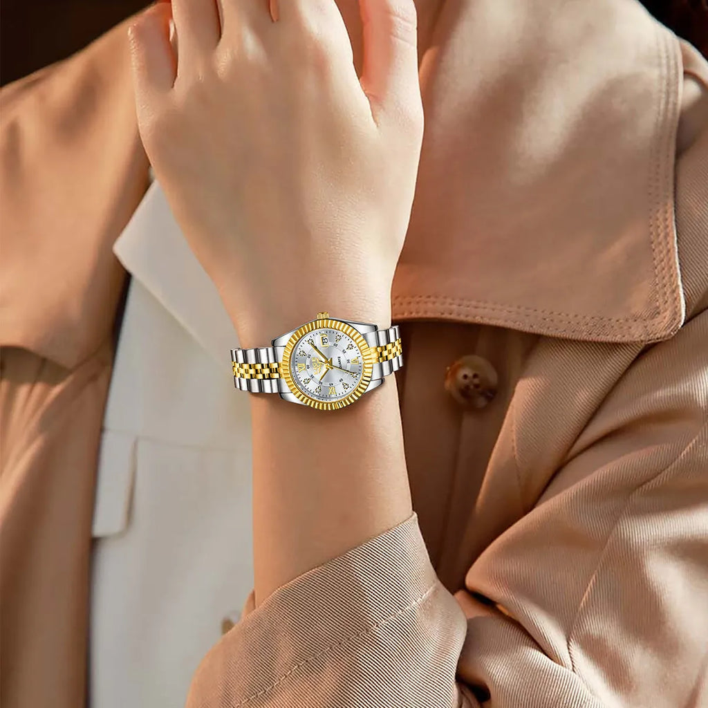 Waterproof quartz watch for women in gold and silver colour options with a 10mm thick case