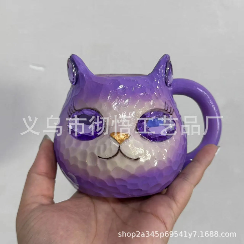 Crystal Earth cat cup resin craft gift in purple, green, blue, and pink colour options.