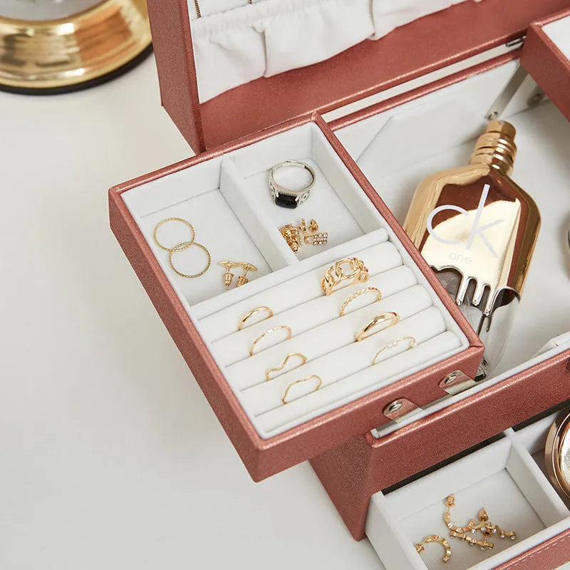Hard PU leather jewelry storage box in beige colour showing dimensions