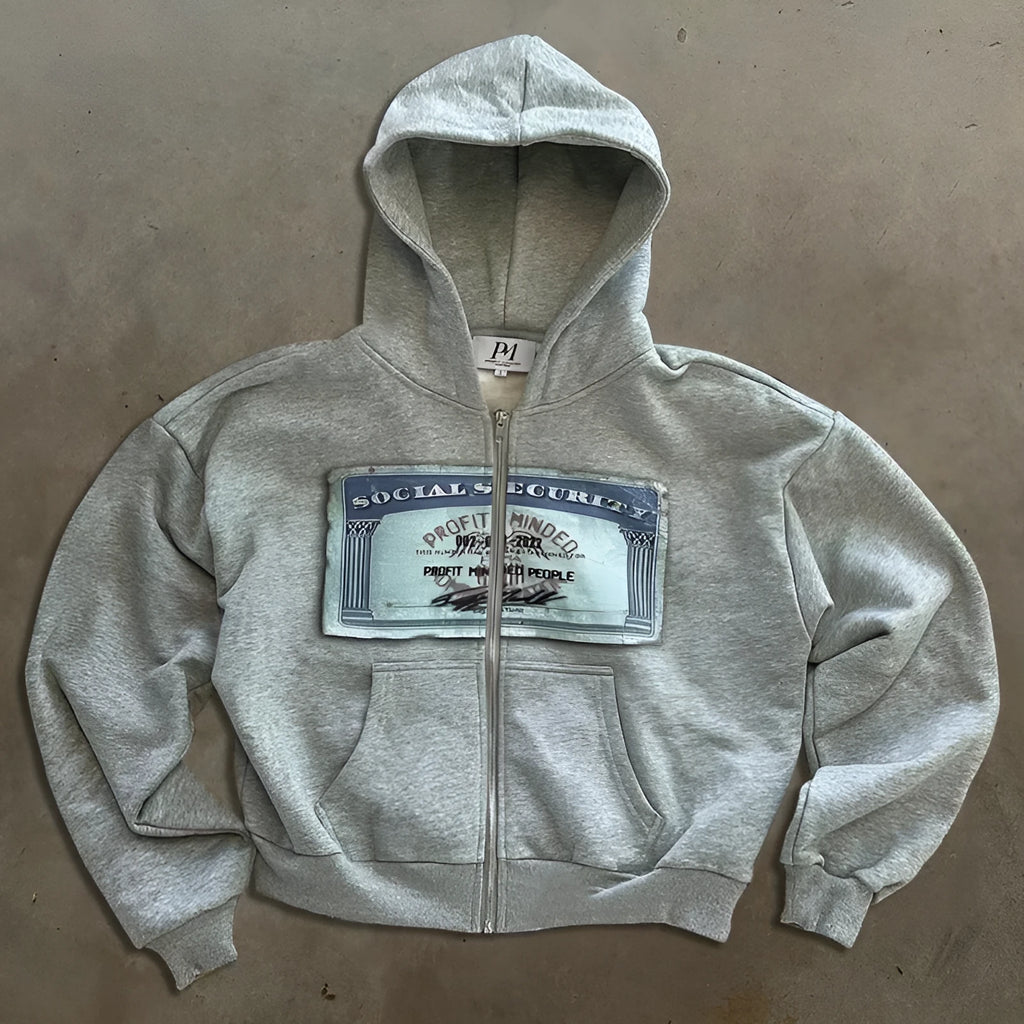 A loose-fitting unisex hoodie jacket with a front zipper, hood, and zip pockets, featuring a letter print.
