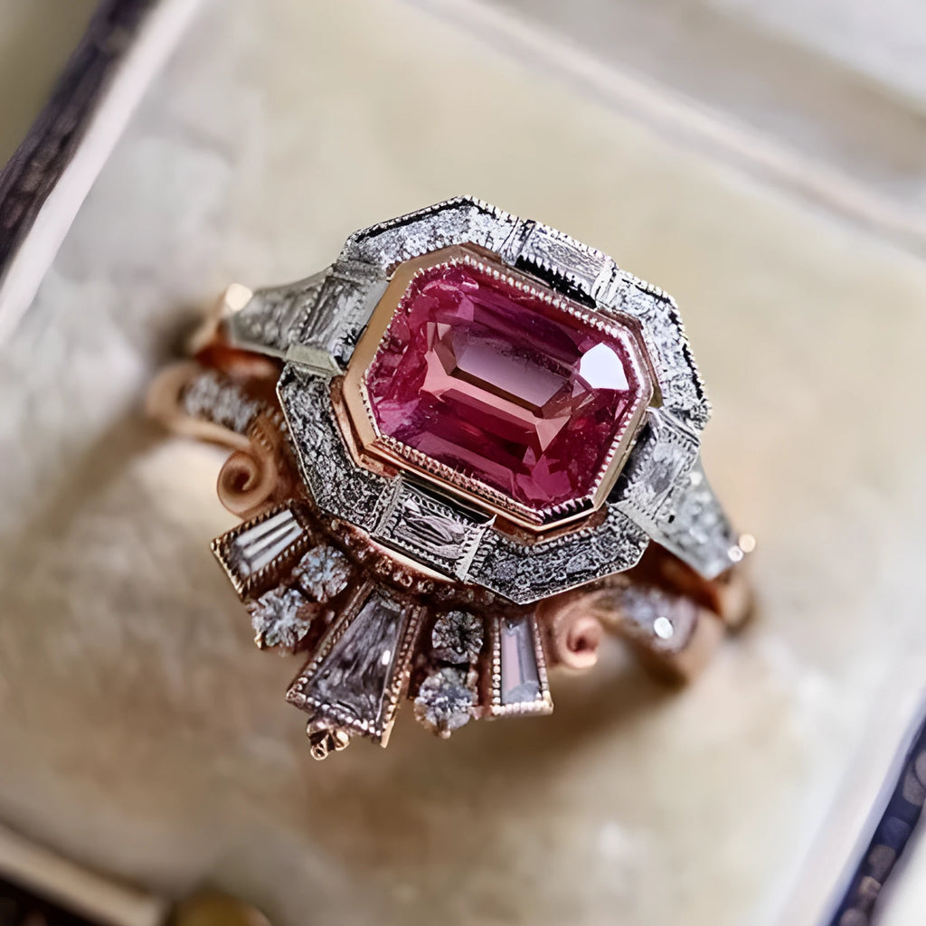 Women's retro style geometric ring in rose gold tone with ruby-coloured design element