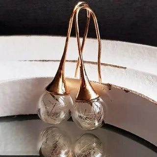 Close-up of a woman's ear wearing 16mm transparent glass ball dandelion seed earrings on a silver French hook.