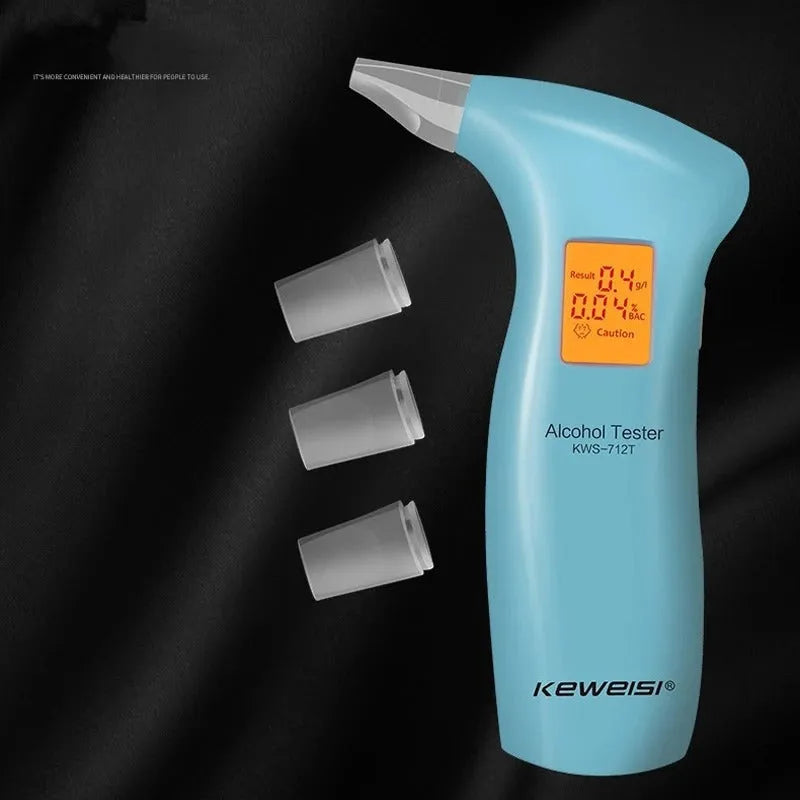 Portable orange light breath alcohol tester with replaceable mouthpieces.