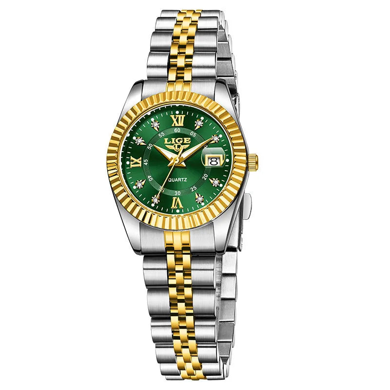 Waterproof quartz watch for women in gold and silver colour options with a 10mm thick case