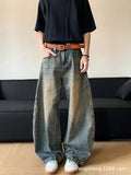 Men's retro blue distressed wide-leg denim jeans with micro-elastic fabric and zipper fly
