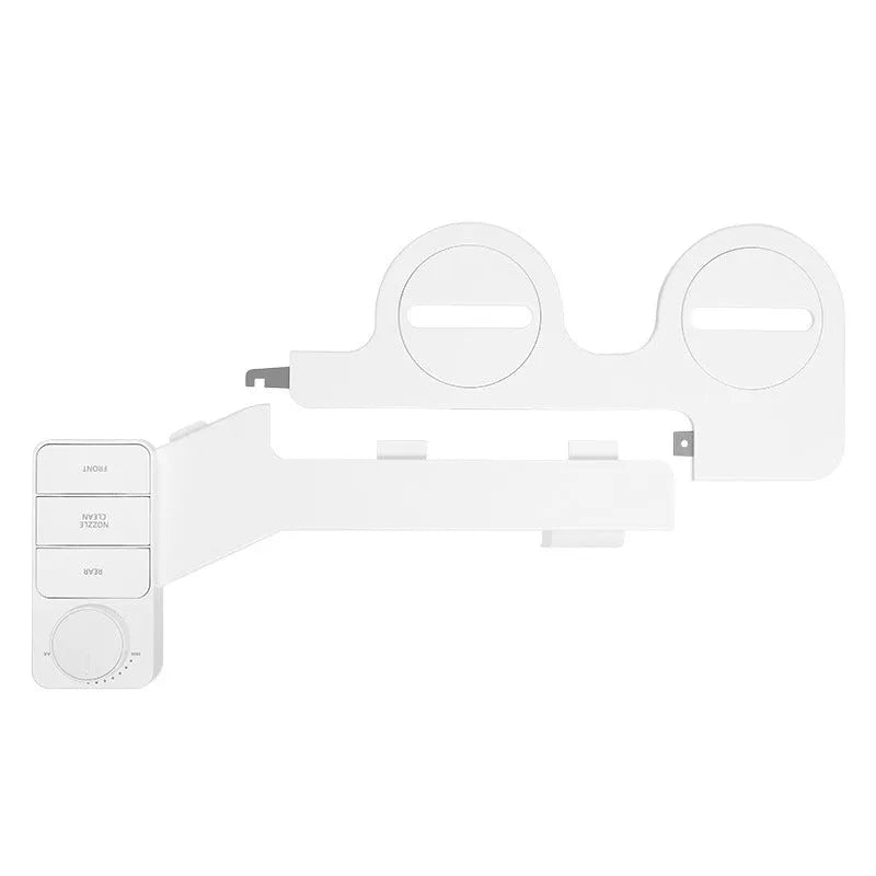 Pure white manual button-operated wash tool with detachable parts and a set of copper and brass tap adapters.