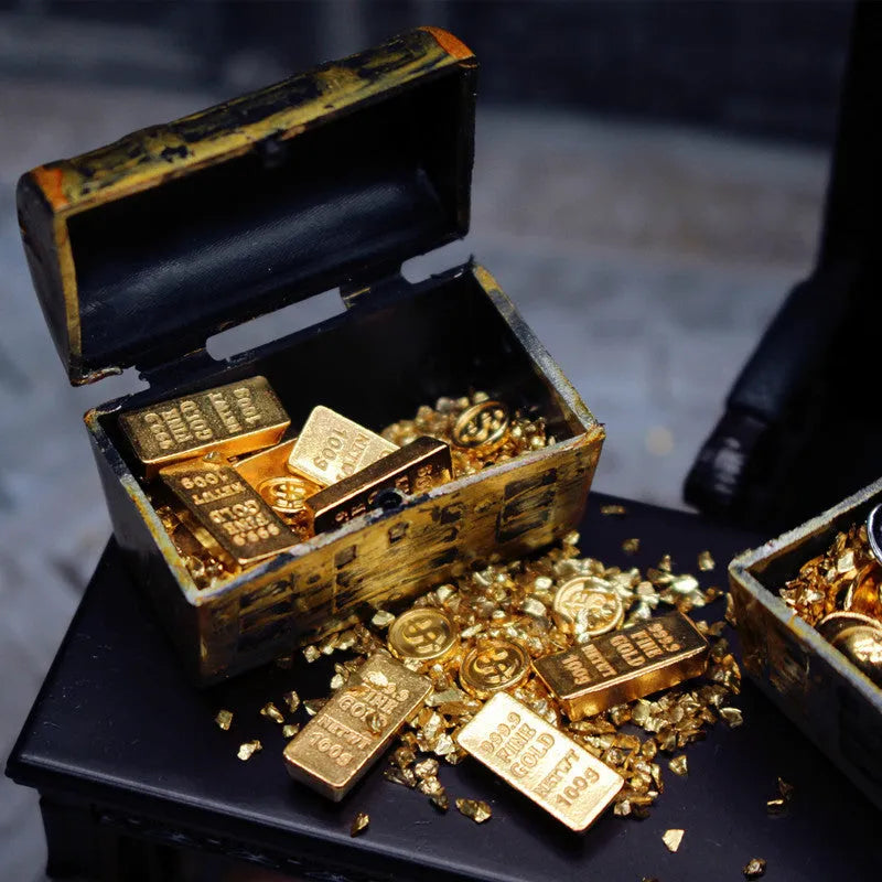 Alloy gold coin treasure box and gold bar doll house accessory set.