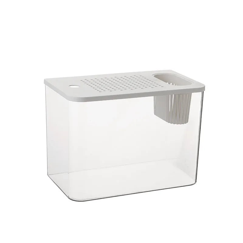 A medium-sized transparent plastic Betta fish tank with a black cover, measuring 32cm long.