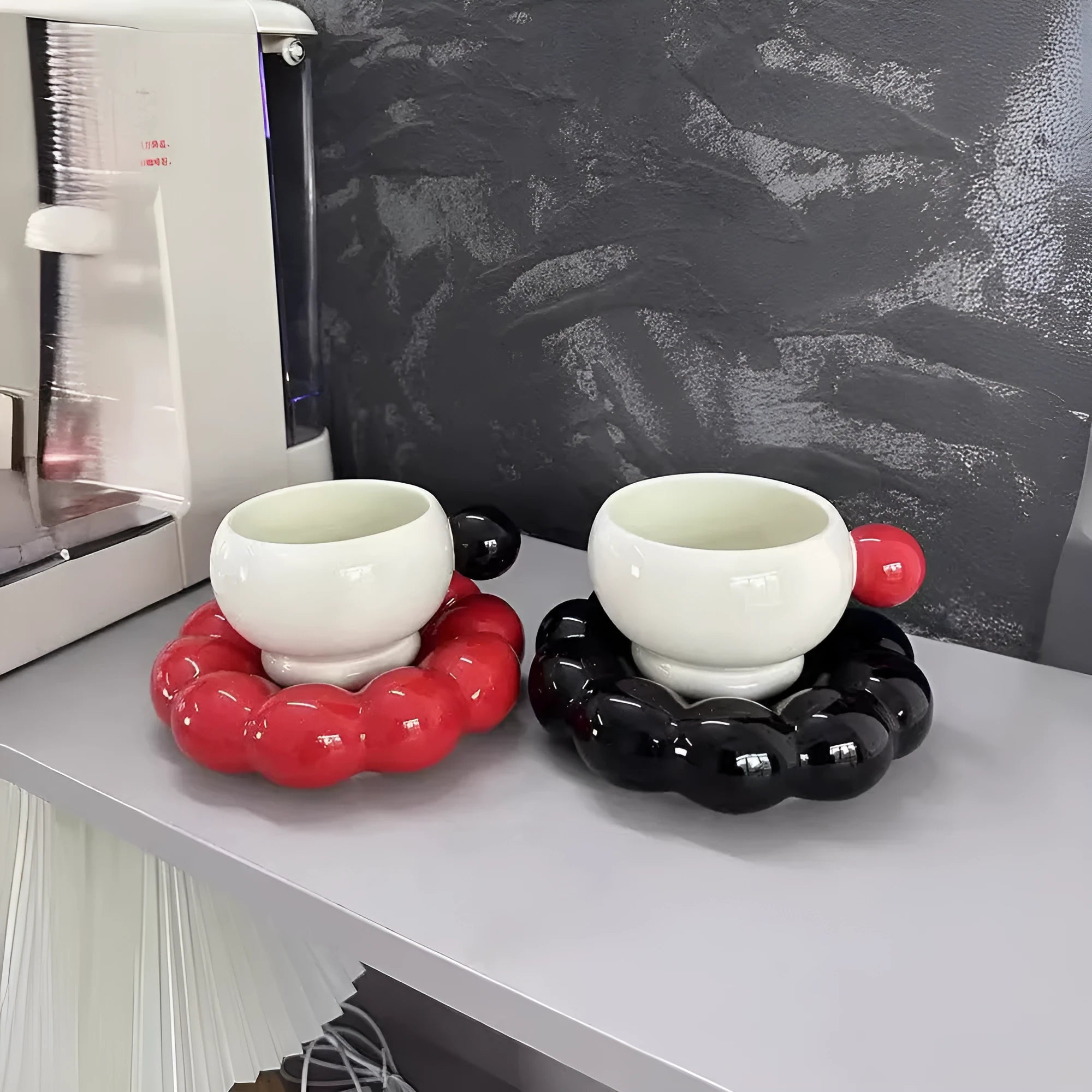 Ceramic coffee mug and saucer set in solid colour, showing 250ml capacity cup and matching dish.