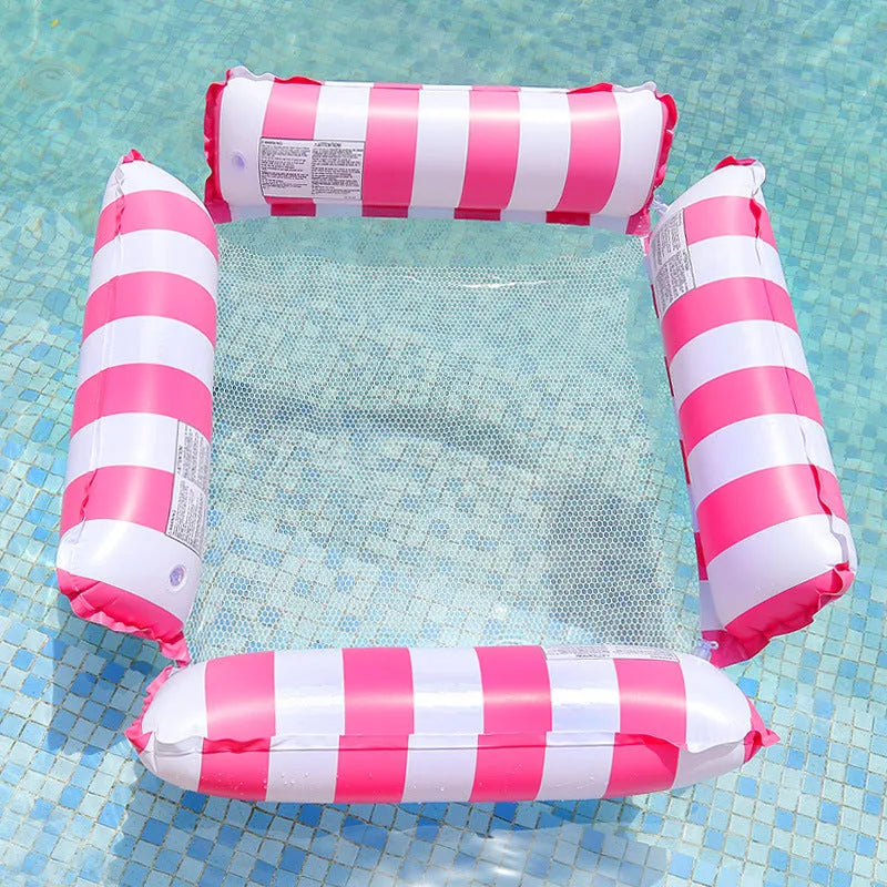 Inflatable four-tube striped deck chair floating on water showing light blue colour option