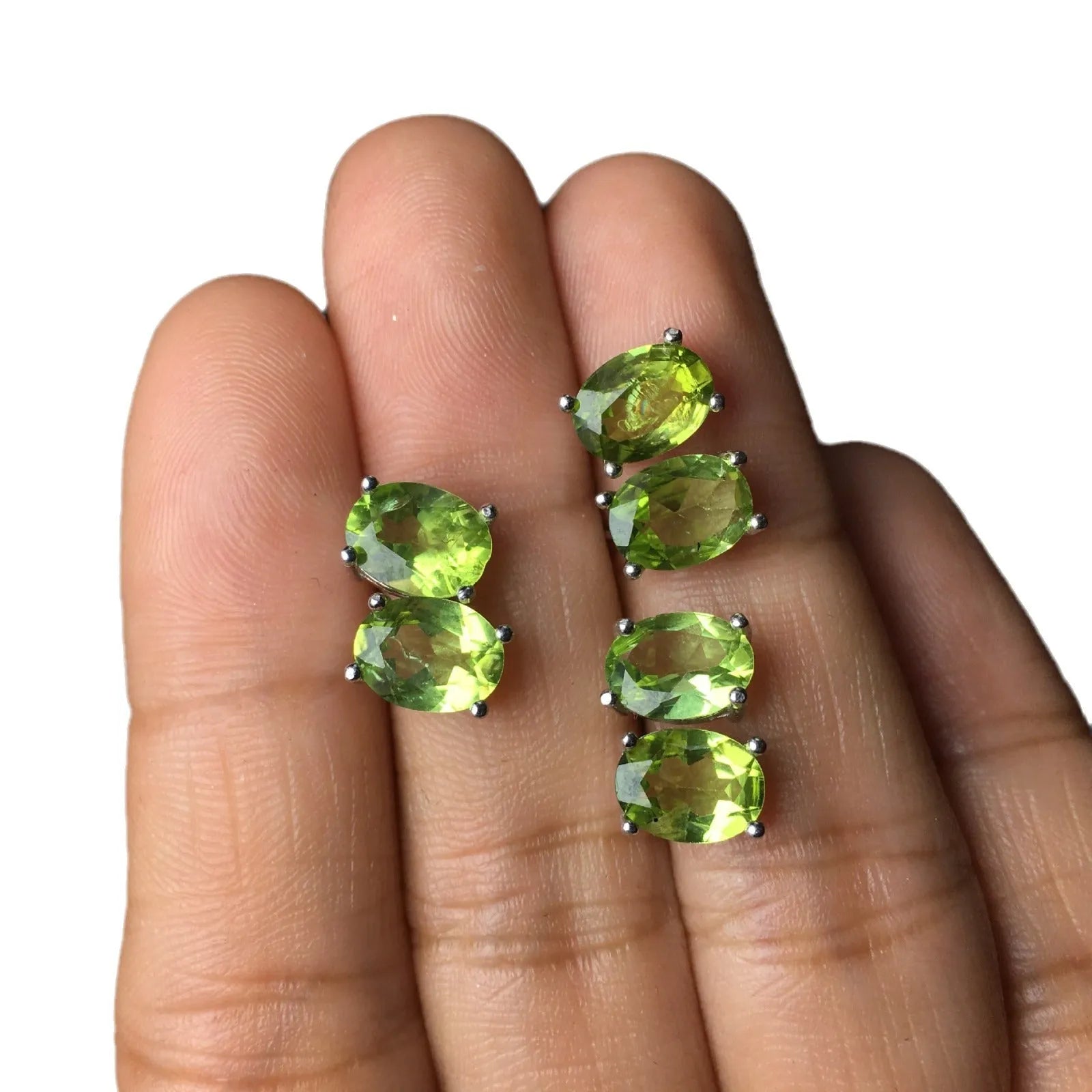 Natural grass green olivine stud earrings in S925 sterling silver geometric setting.