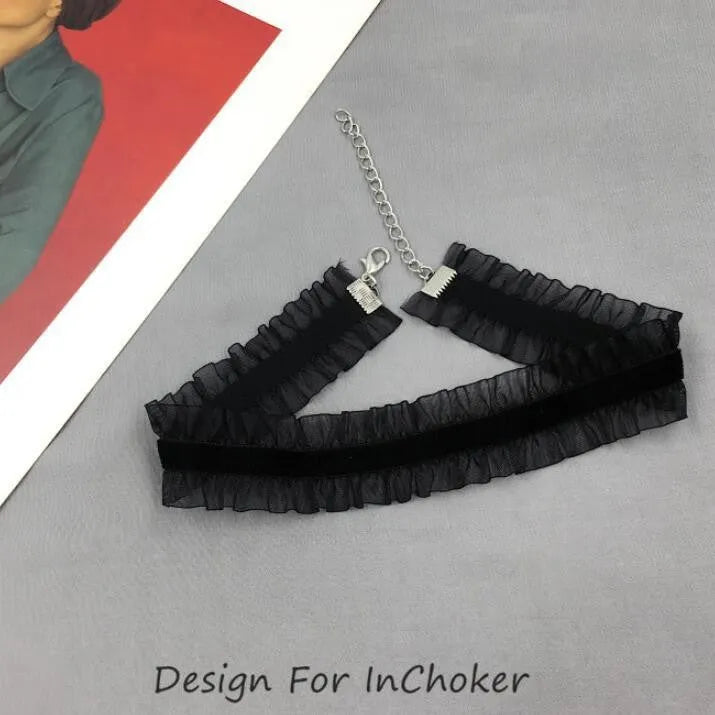 Velvet ruffled alloy necklace with flower pendant on snake bones chain in black, light coffee, or white