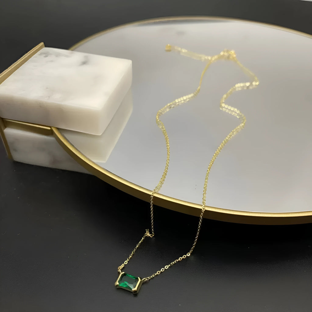 Gold geometric quadrilateral pendant necklace with crystal inlay on copper chain