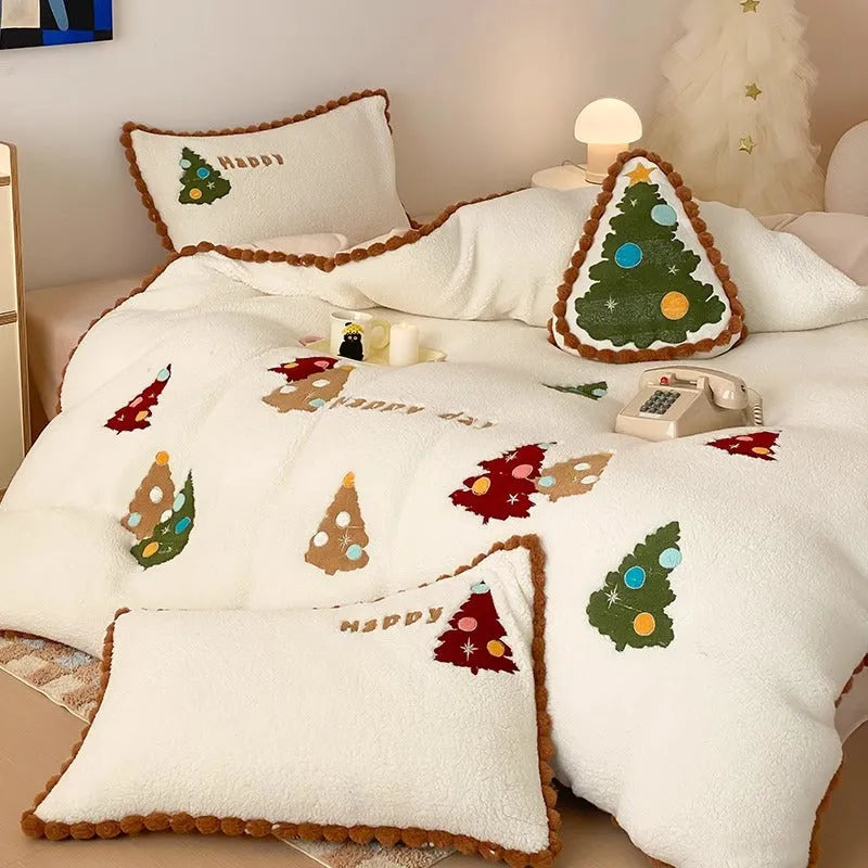 Bright yellow winter Christmas tree cartoon animation pattern on a fleece-lined four-piece bedding set.