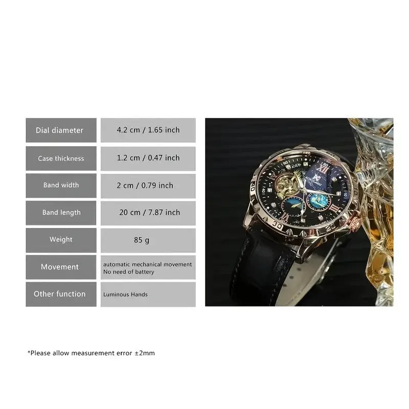 Men's black and rose gold automatic skeleton watch on a leather strap