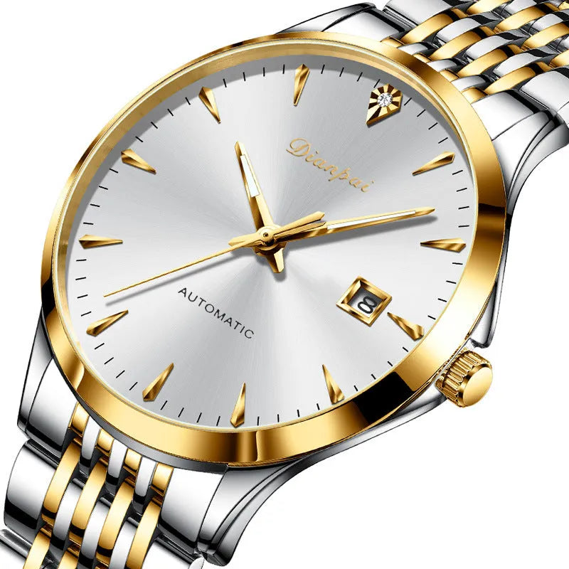 Men's stainless steel automatic watch with a simple dial and mineral glass crystal.