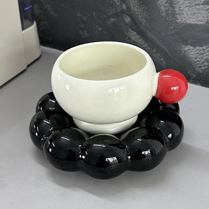 Ceramic coffee mug and saucer set in solid colour, showing 250ml capacity cup and matching dish.
