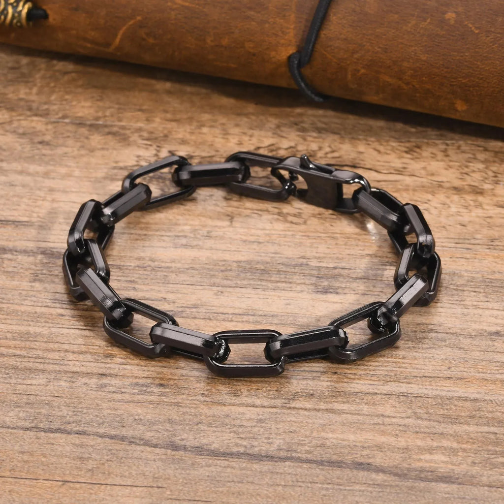 Men's square chain titanium stainless steel bracelet in black, gold, steel, and retro colours.