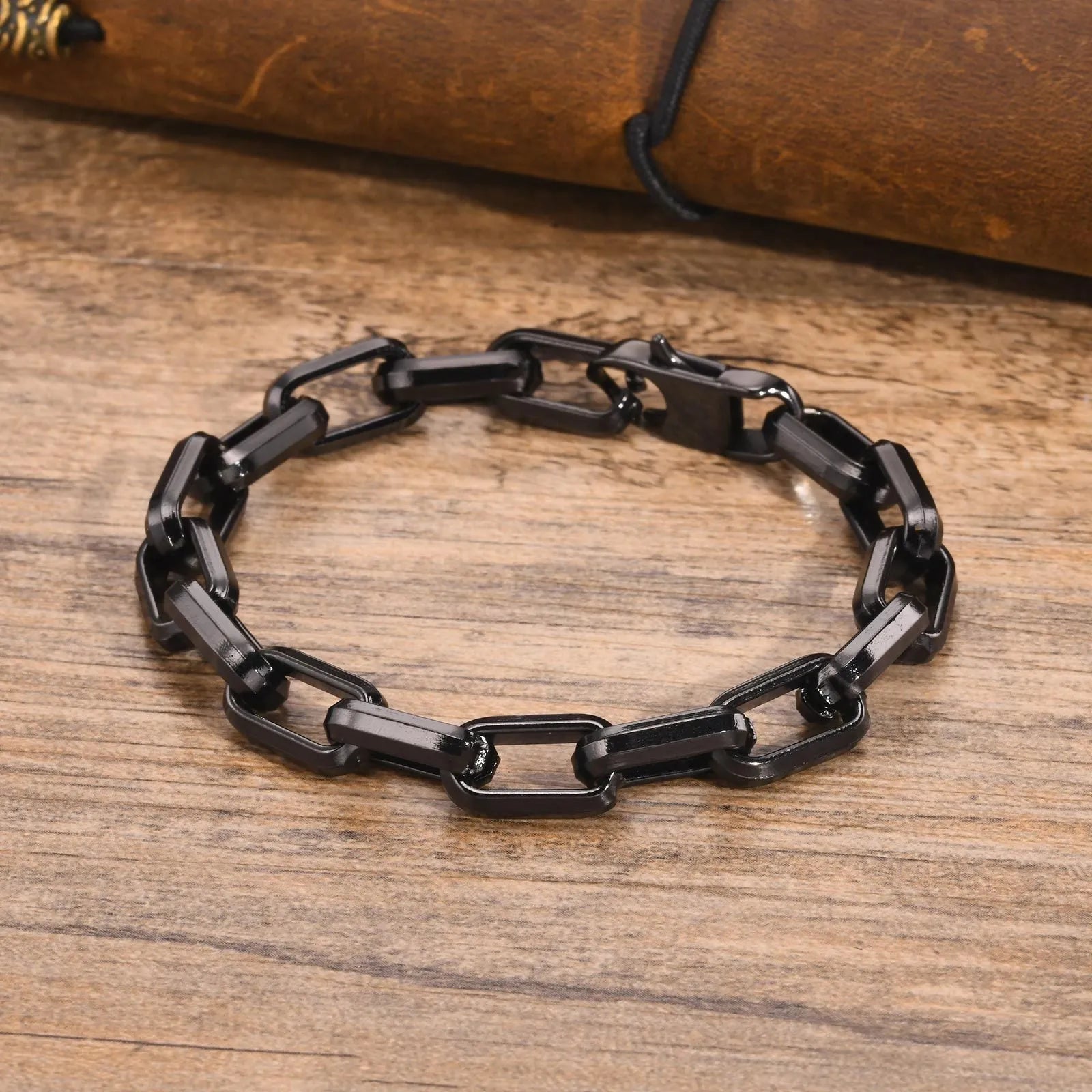 Men's square chain titanium stainless steel bracelet in black, gold, steel, and retro colours.