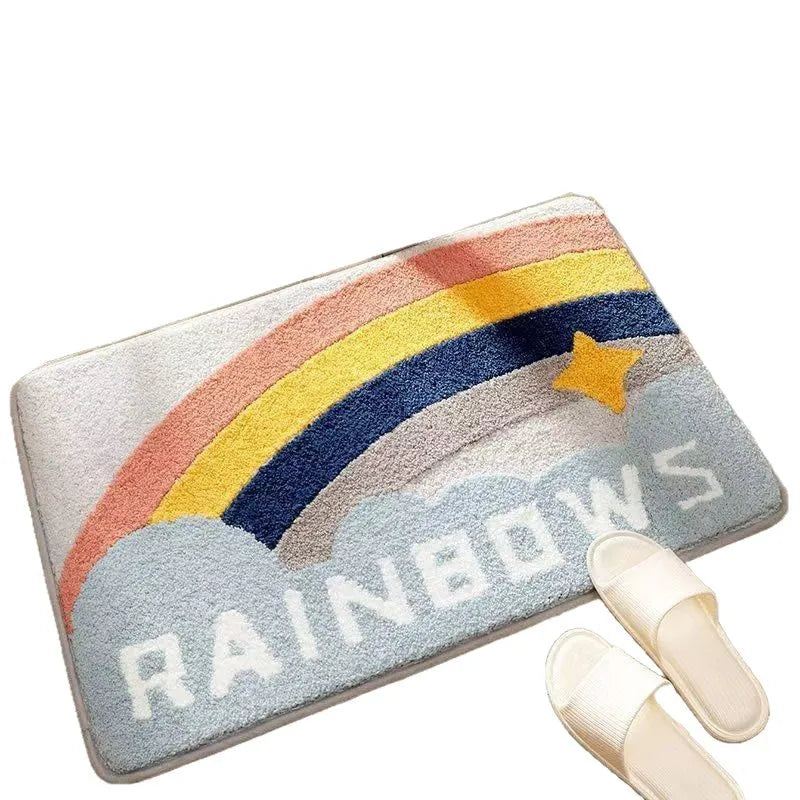 Square Sky Sea rainbow pattern cashmere-effect floor mat with a plastic anti-slip backing.