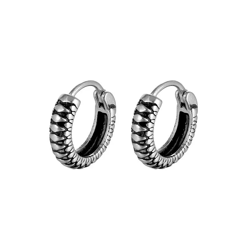 Silver geometric alloy earrings with retro twist design and striped sports-style elements