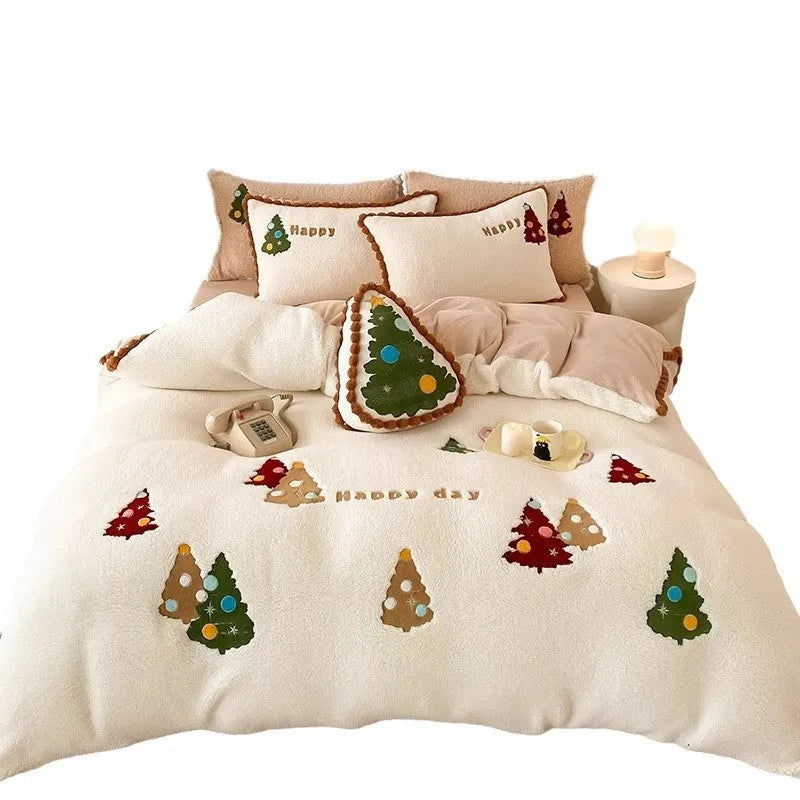 Bright yellow winter Christmas tree cartoon animation pattern on a fleece-lined four-piece bedding set.