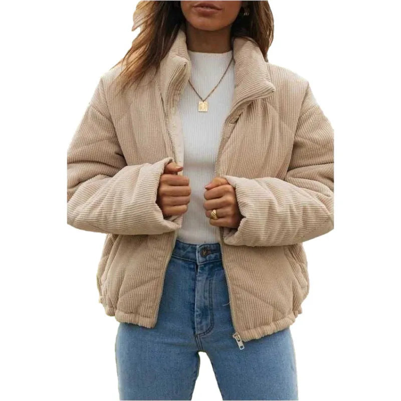 Women's apricot corduroy wadded jacket with stand collar and full-length front zipper.