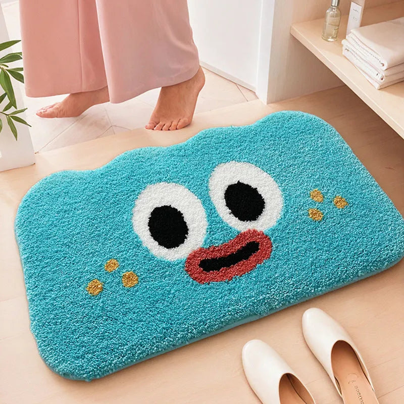 Colourful Big Eye Clouds cartoon character printed on a soft, plush light green bathroom mat.