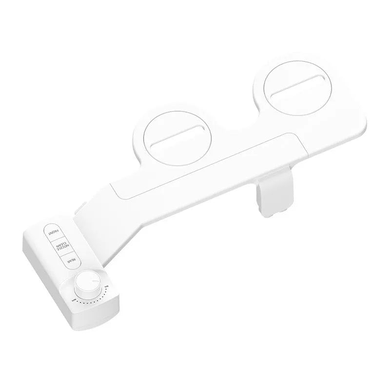 Pure white manual button-operated wash tool with detachable parts and a set of copper and brass tap adapters.