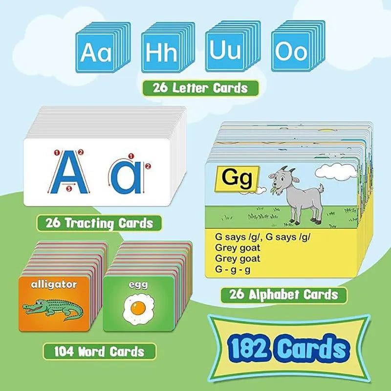 Large fabric alphabet learning chart with sets of educational word cards, letter cards, and picture cards arranged around it.