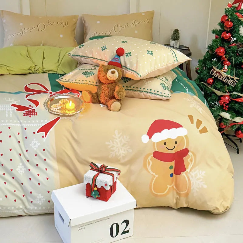 Christmas bedding four-piece set with soft washed cotton texture and colourful cartoon prints.