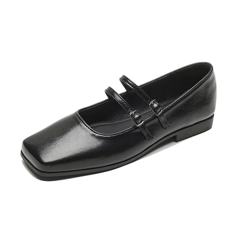 Women's silver genuine leather Mary Jane ballet flats with cross buckle strap and round toe