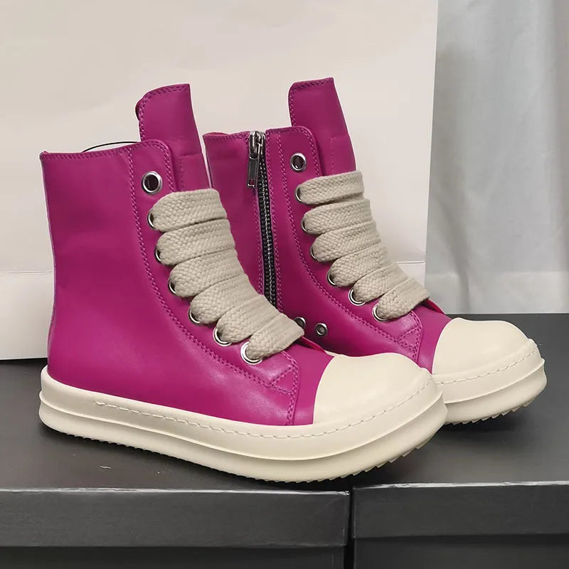 Genuine leather high-top sneakers with side zipper in black, shown on a white background.