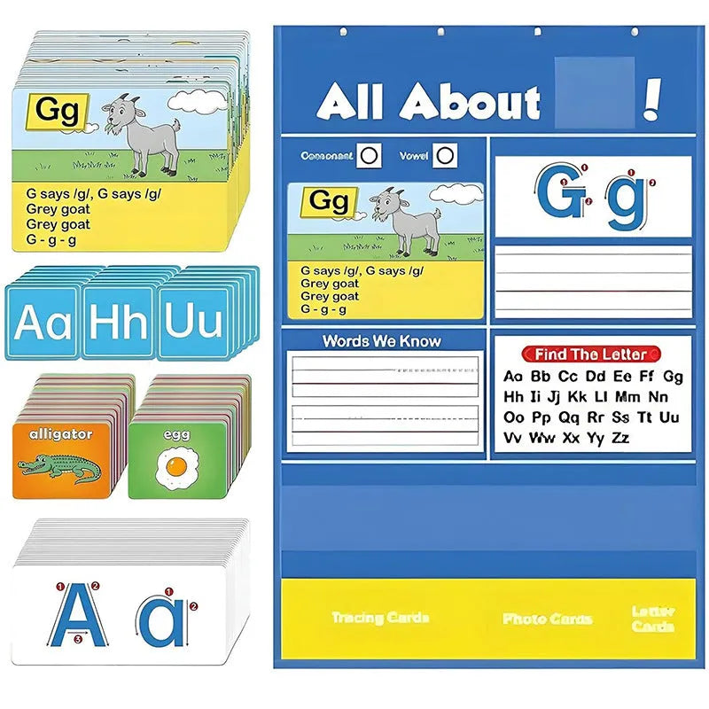 Large fabric alphabet learning chart with sets of educational word cards, letter cards, and picture cards arranged around it.