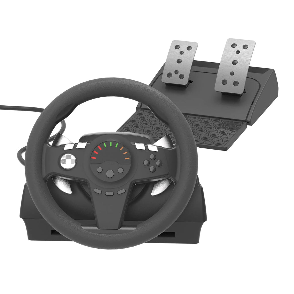 Black multi-platform gaming steering wheel with two pedals and paddle shifters on manual bracket