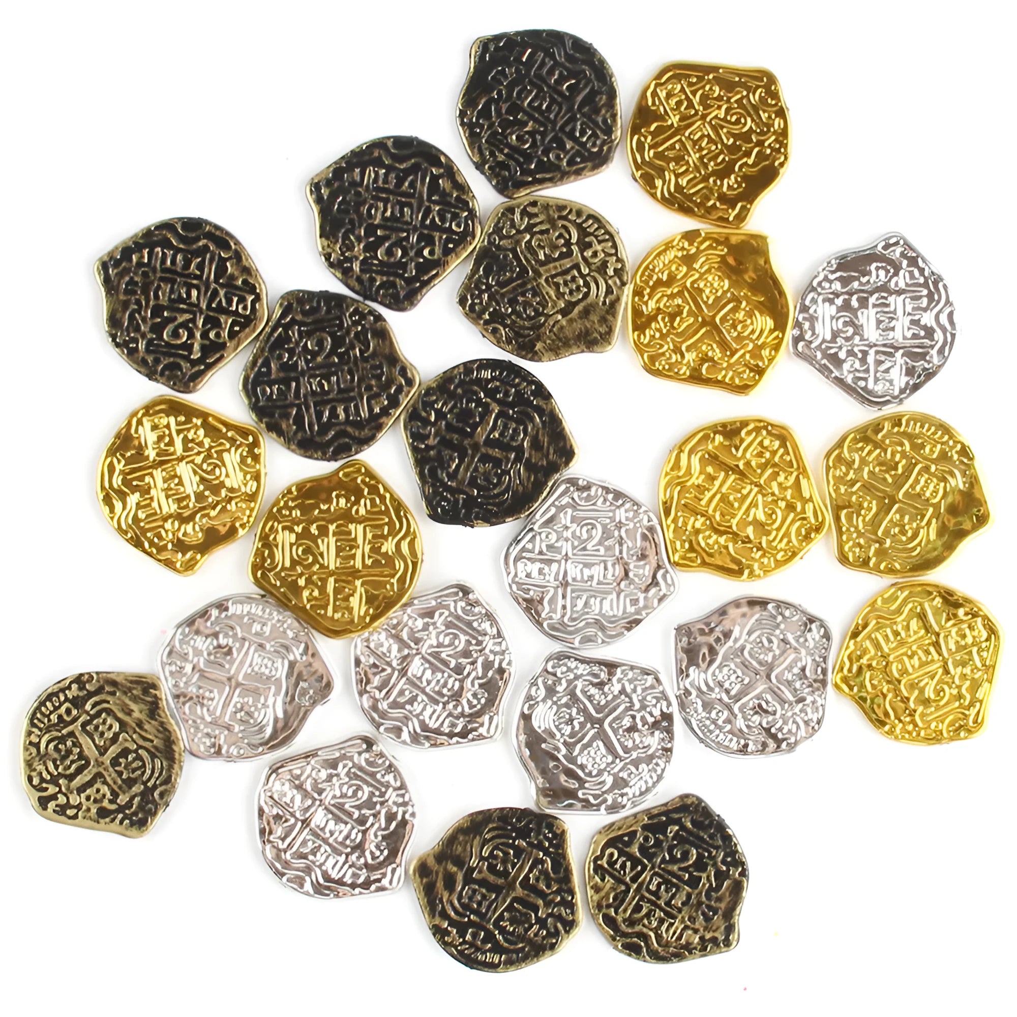 100 plastic replica Roman coins with electroplated gold, silver, or bronze metallic finish