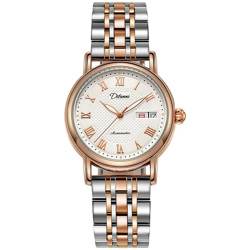 Women's automatic mechanical watch with 12mm case shown with steel belt and leather strap options.