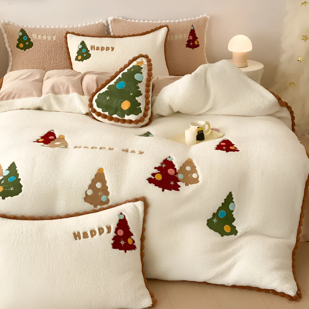 Bright yellow winter Christmas tree cartoon animation pattern on a fleece-lined four-piece bedding set.