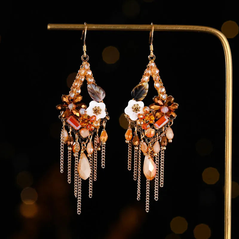 Long Bohemian ethnic style exaggerated earrings with hand-woven detailing and crystal accents