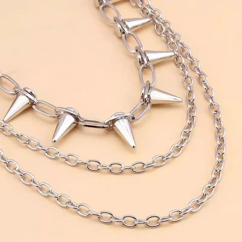 Silver metal punk pants chain with double layer rivet design measuring 115 cm