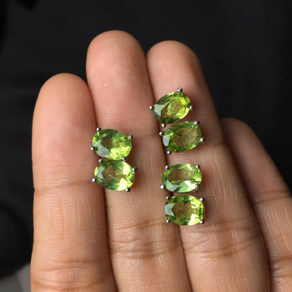 Natural grass green olivine stud earrings in S925 sterling silver geometric setting.