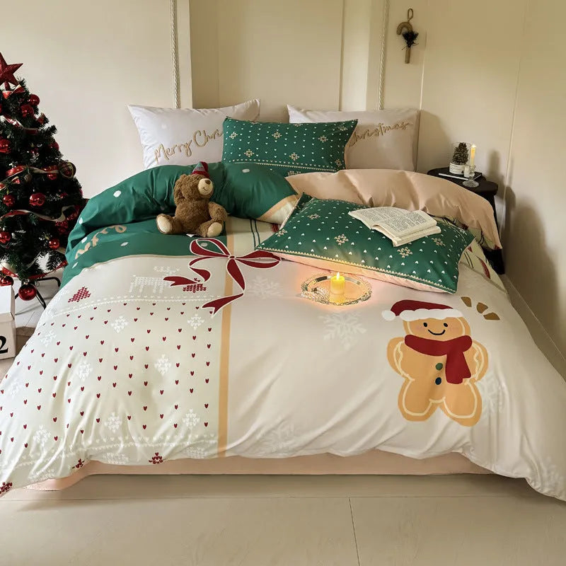 Christmas bedding four-piece set with soft washed cotton texture and colourful cartoon prints.