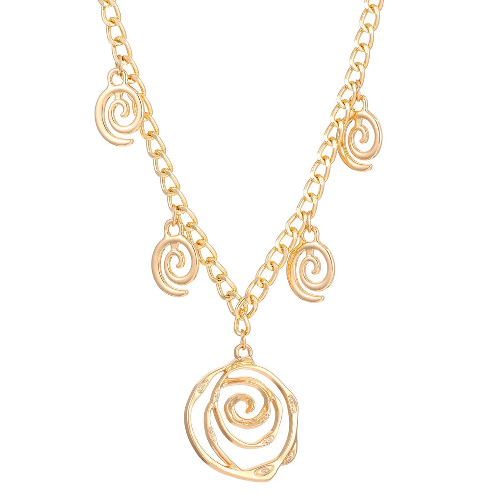 Spiral donut design women's jewellery set showing necklace, bracelet and ear hooks in gold or silver finish