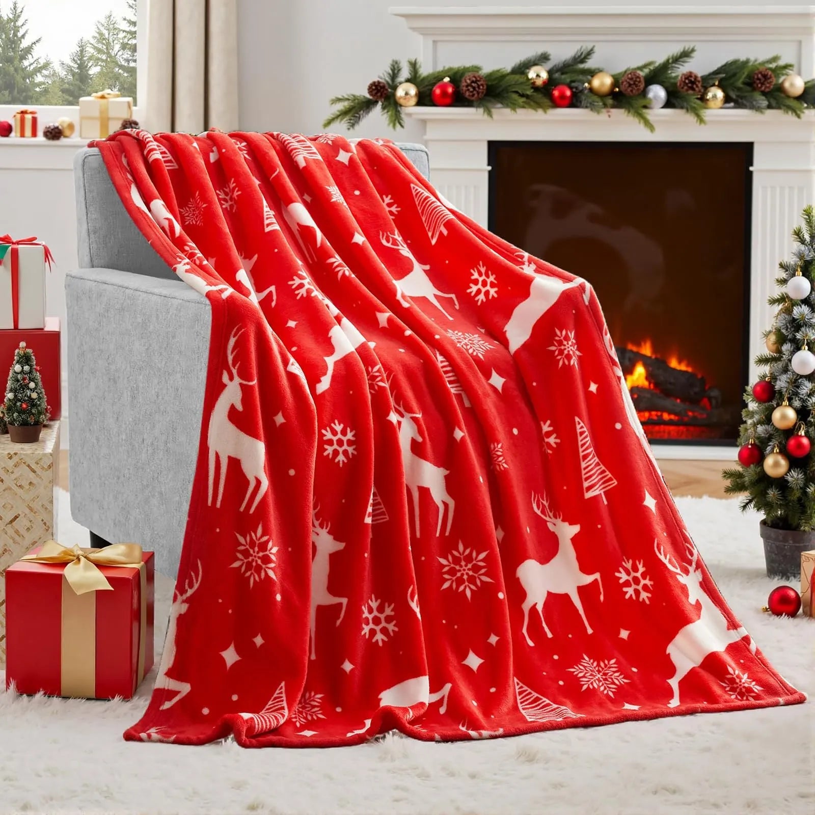 Soft red plush Christmas blanket draped over a sofa corner.