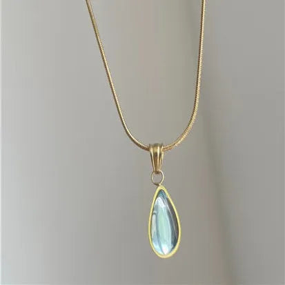 Retro blue and green water drop necklace with mixed gem inlay on titanium steel snake chain